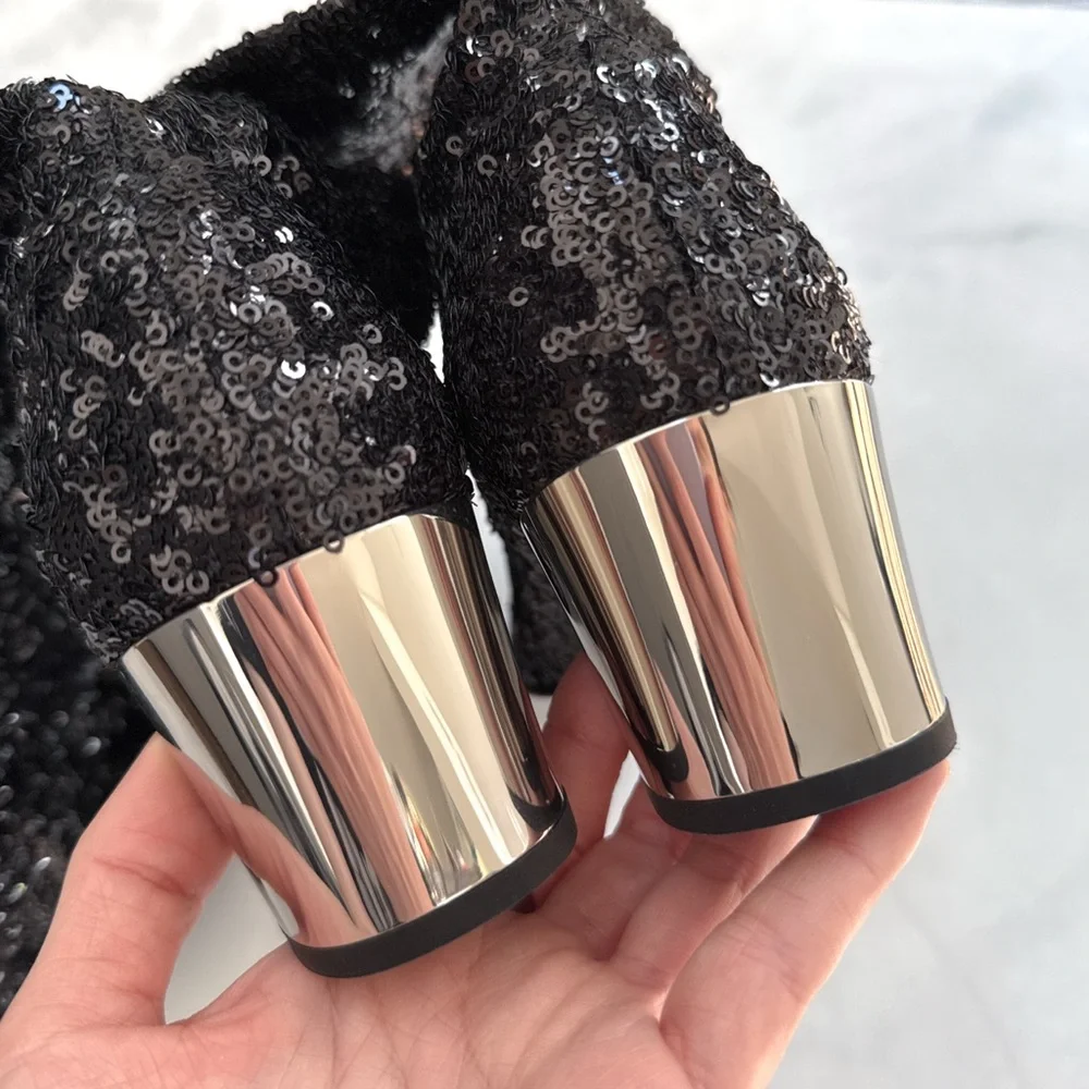 NEW Roger Vivier Sequin OTK Over the Knee Low Block Heel Sock Boots Black 35